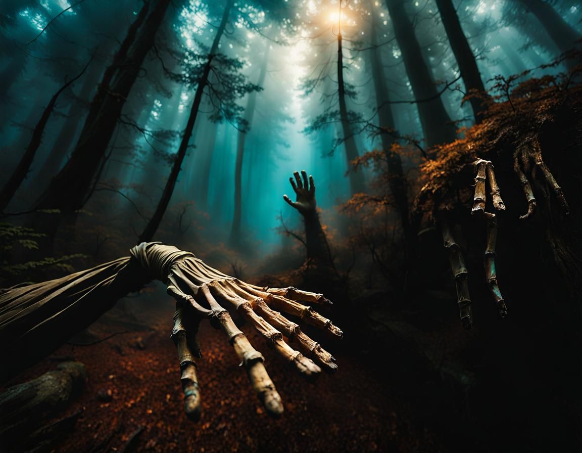 Ancient Hand Emerges from the Misty Forest in Impressionist...