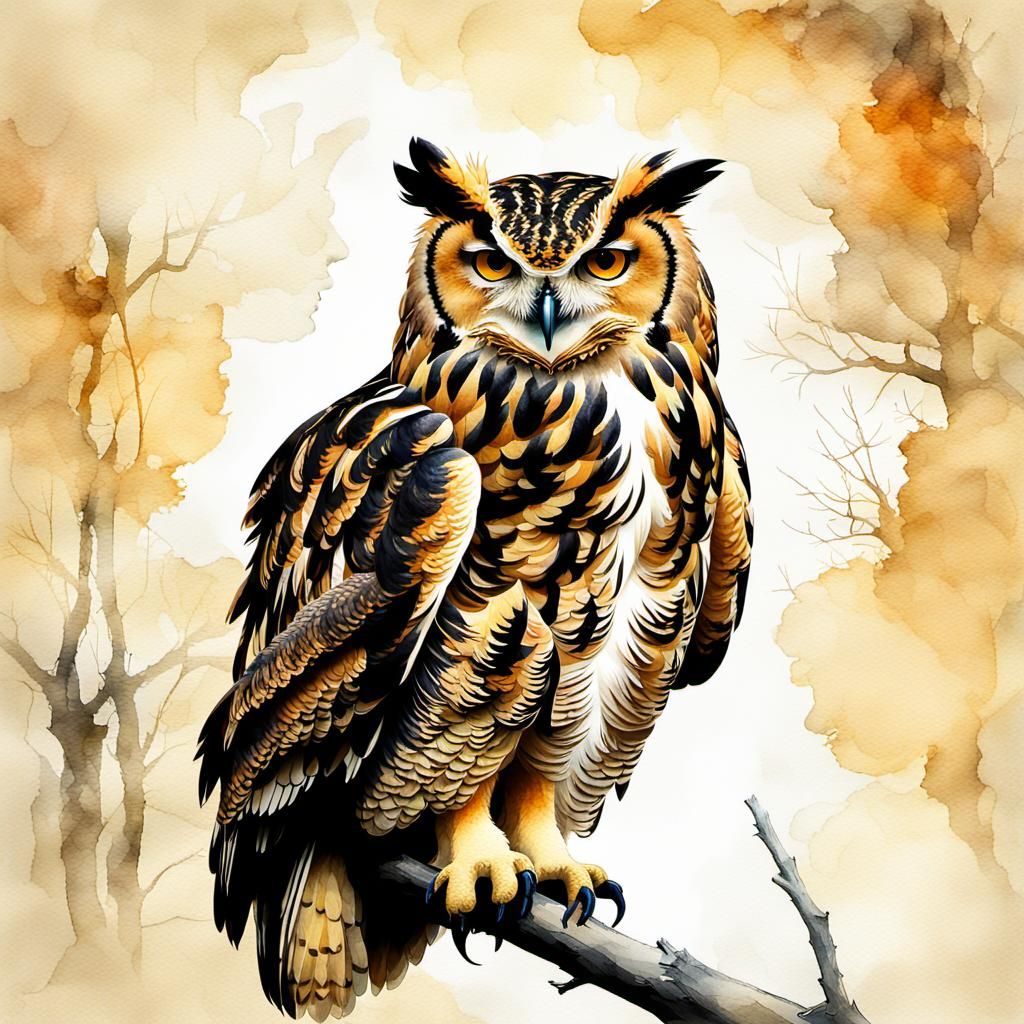 Eurasian Eagle Owl Portrait in Watercolor Style