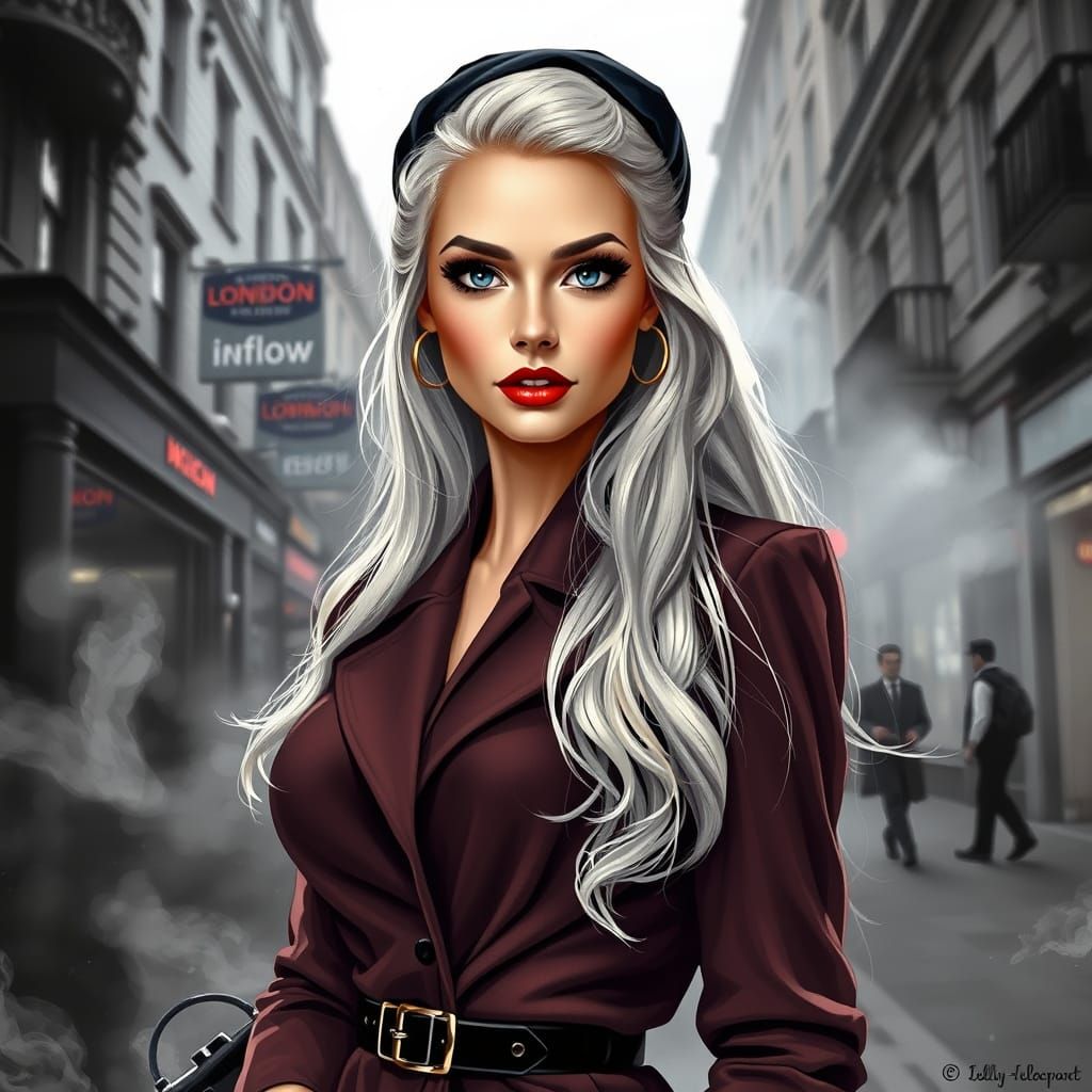 Hyperrealistic 1950s Pinup Woman in Smoky London Street Scen...