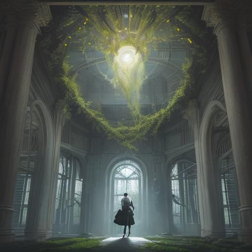 Renaissance Woman in Lush Foliage, Oil Painting