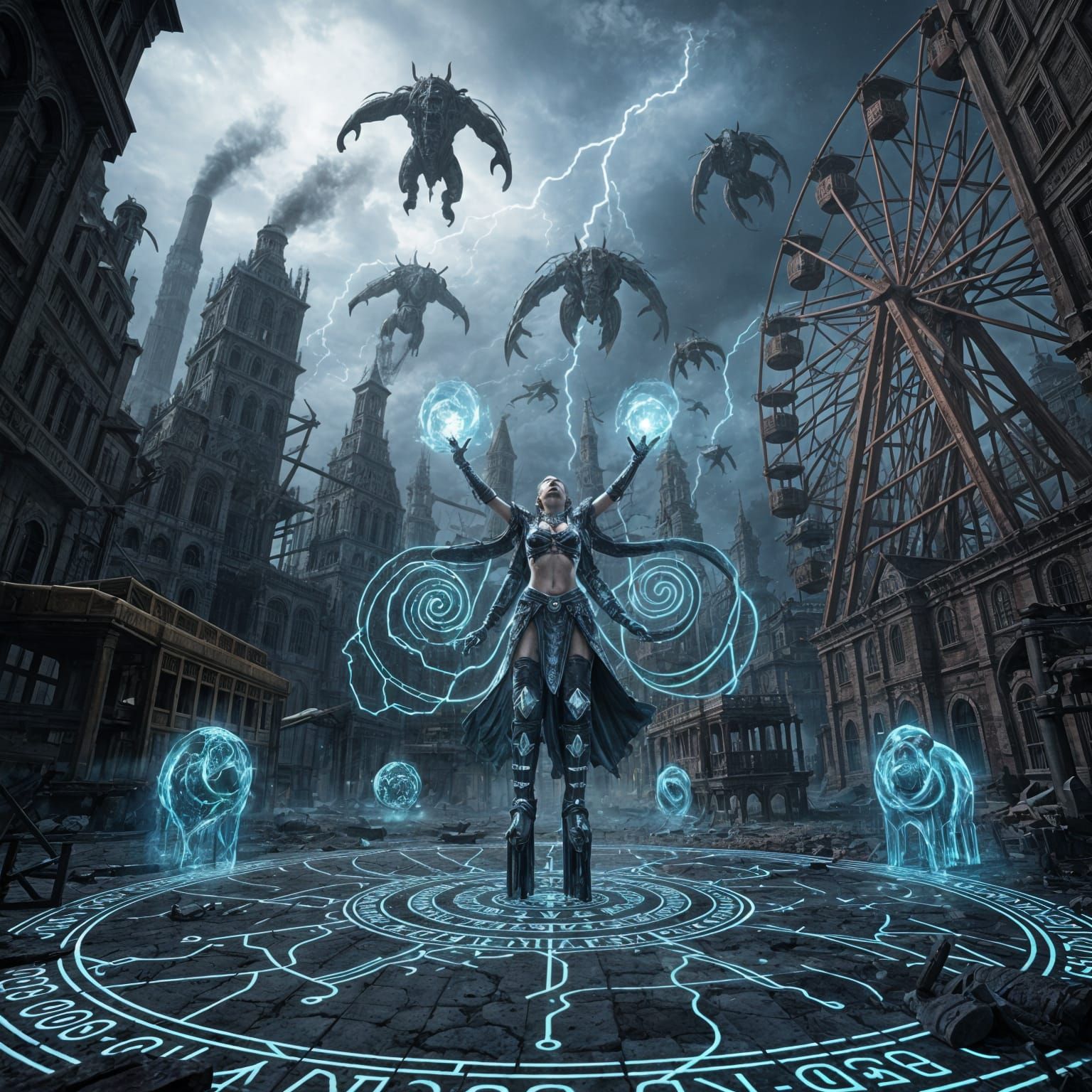 Arcano-Industrial City Plaza with Mythic Forewoman