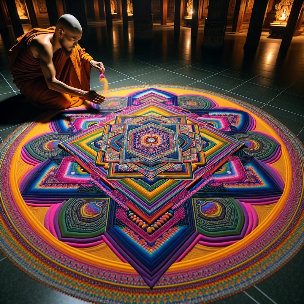 Monk Creates Sacred Geometry Mandala in Temple