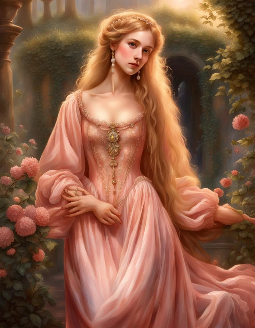 Renaissance Girl in Red Gown with Golden Hair