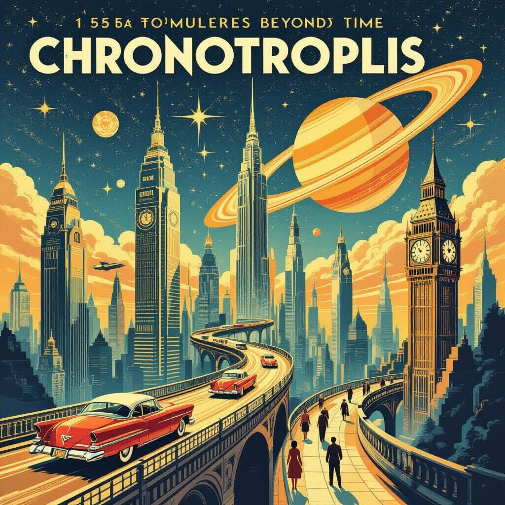 Retro-Futuristic Chronotropolis Travel Poster in Art Deco St...
