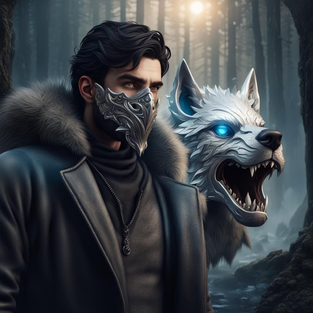 Man with Silver Mask and Fantasy Wolf