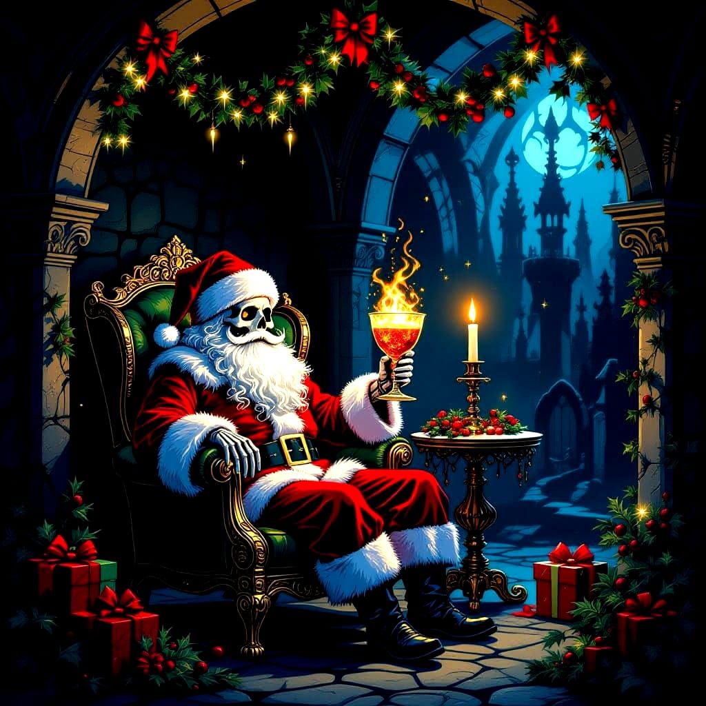 Macabre Christmas Crypt Scene with Skeleton