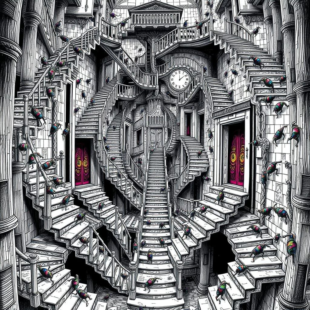 Escher-Inspired Staircase Labyrinth with Whimsical Creatures
