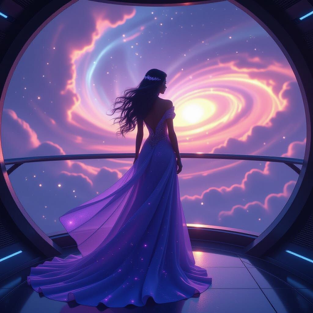 Space Witch Overlooking Galaxy in Digital Art Style