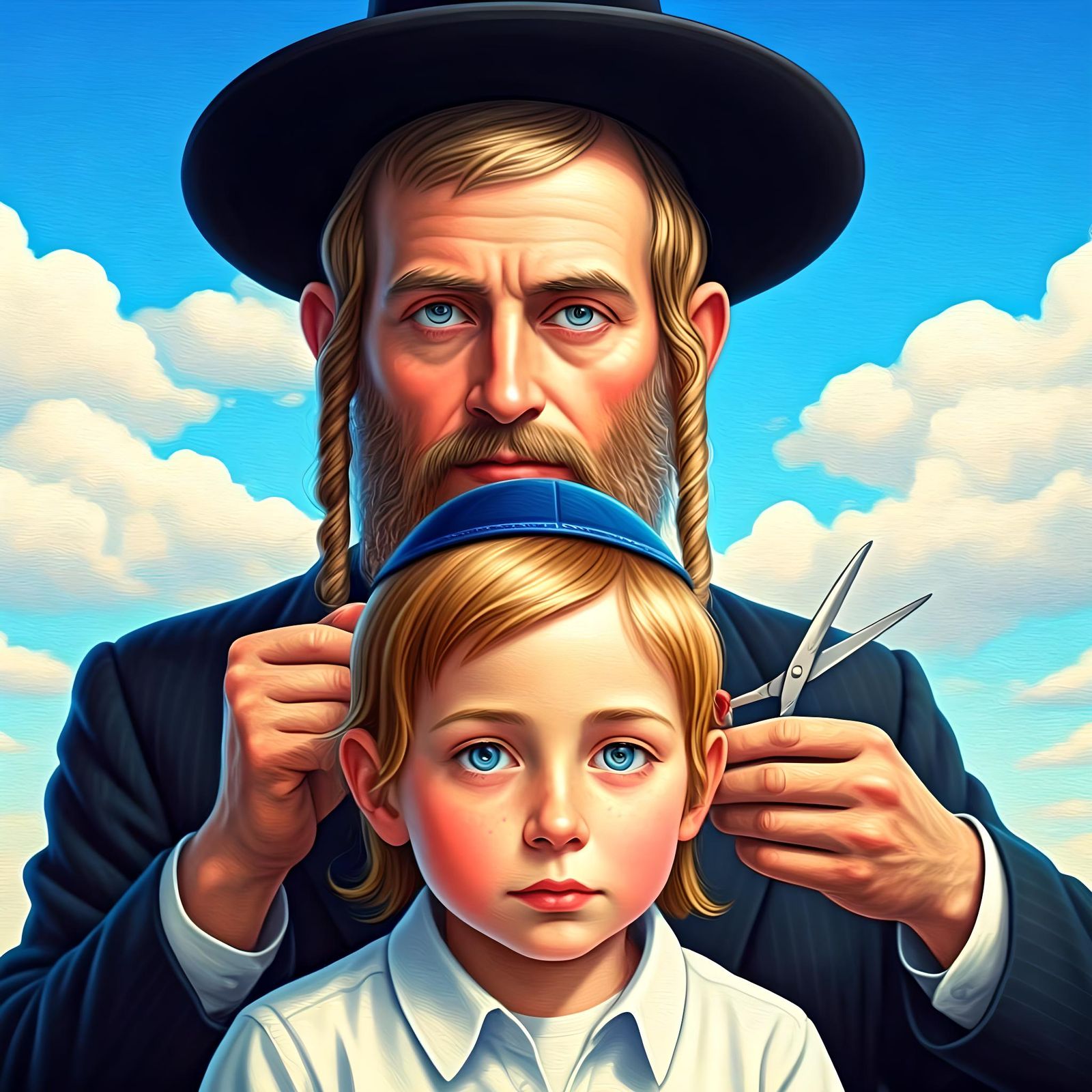 Hasidic Father Cuts Son's Hair, Hyperrealistic Portrait