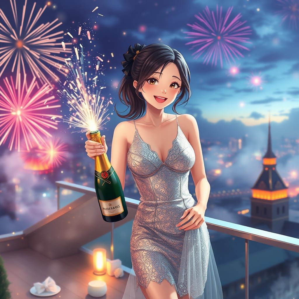 Ethereal New Year's Party Scene in Whimsical Anime Style