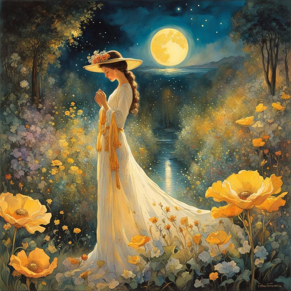 Ethereal Woman in Eden Garden: Watercolor Painting