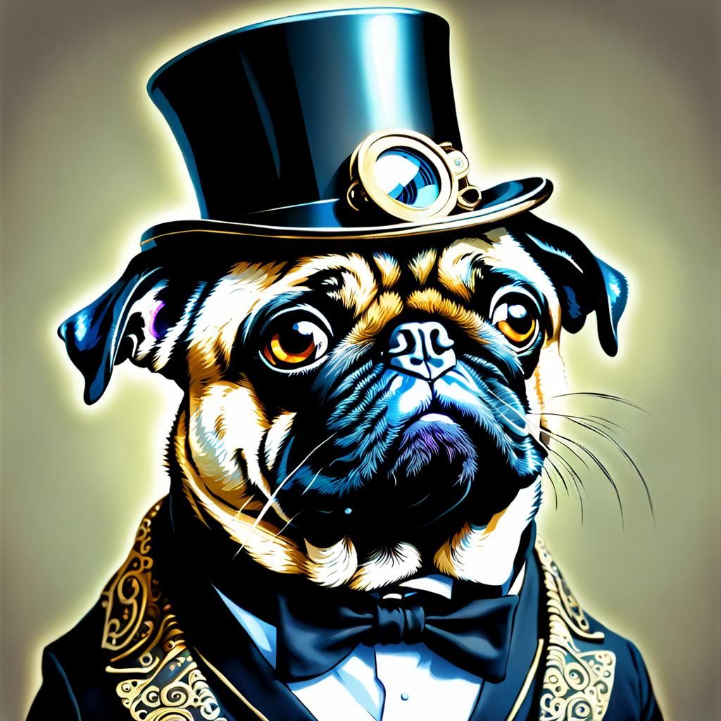 Cyborg Pug in Top Hat: Steampunk Mech