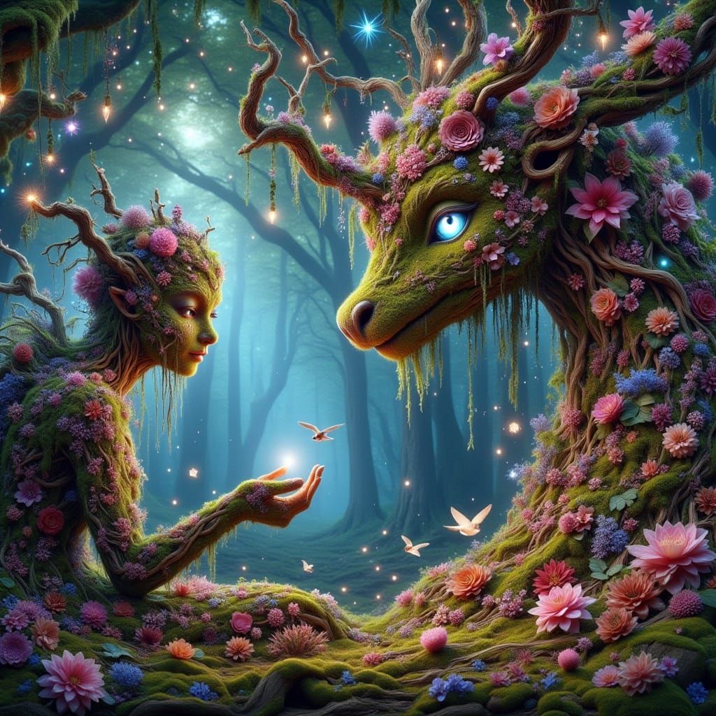 Chaotic Magical Being in Bioluminescent Garden