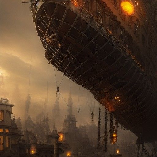 Steampunk Airship Rains Fire on Cobblestone Streets
