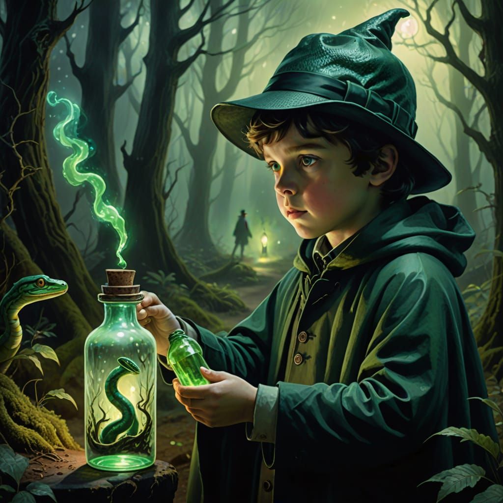 Child Detective Investigates Glowing Potion, Dreamy Watercol...