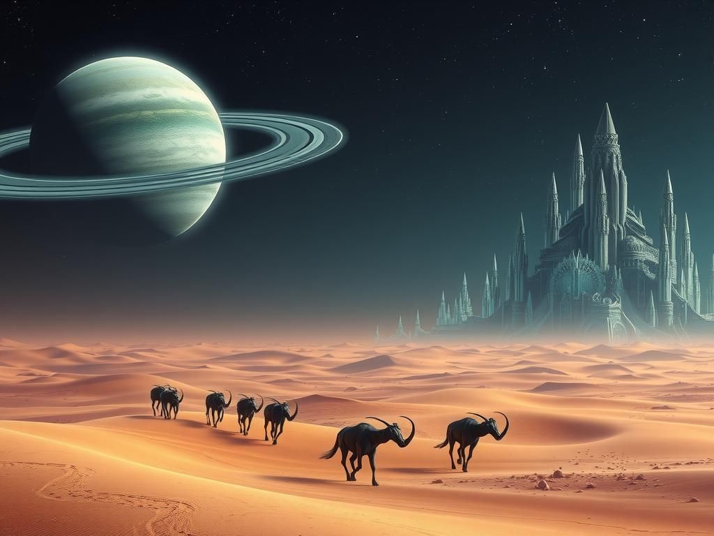 Alien Desert World: Night Caravan Under Gas Giant