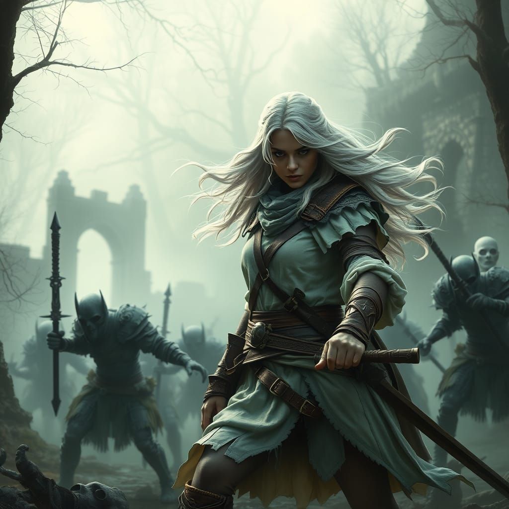Ethereal Female Ranger Battles Undead in Haunting Fantasy La...