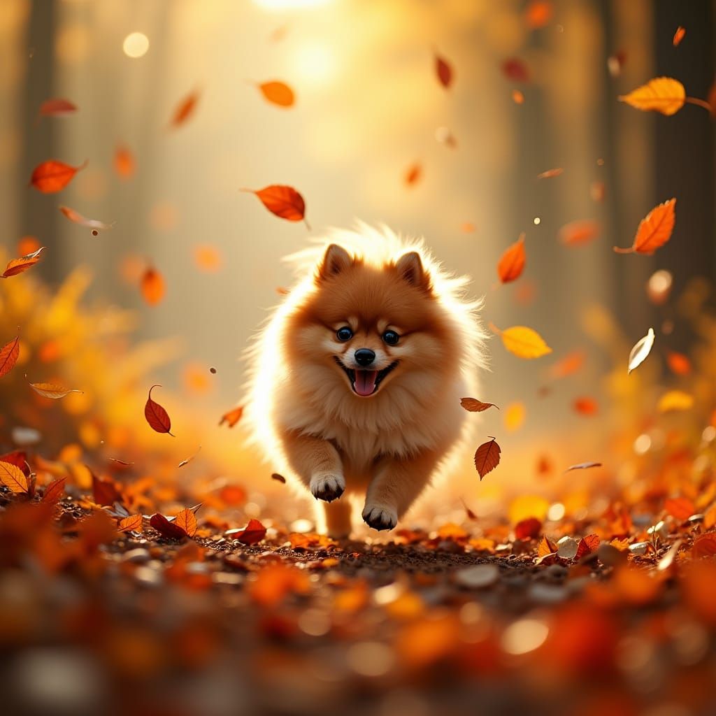 Autumn Whirlwind with Energetic Pomeranian