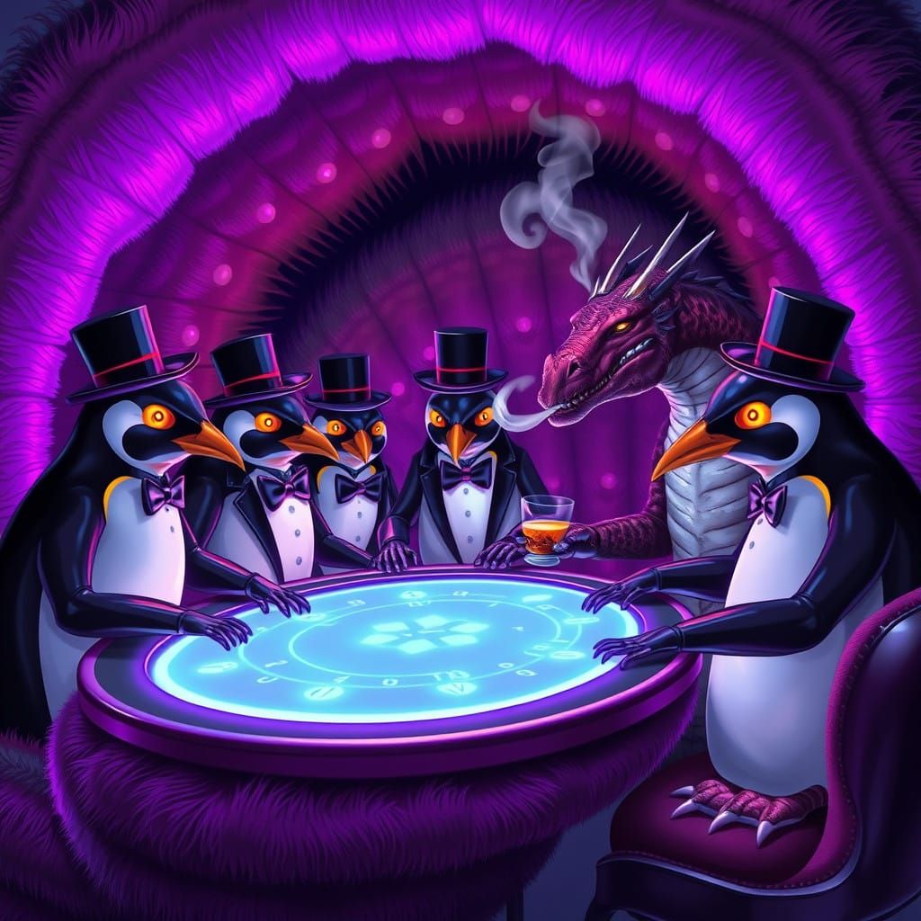 Retro-Futuristic Penguins Gamble with Grumpy Dragon in Cosmi...