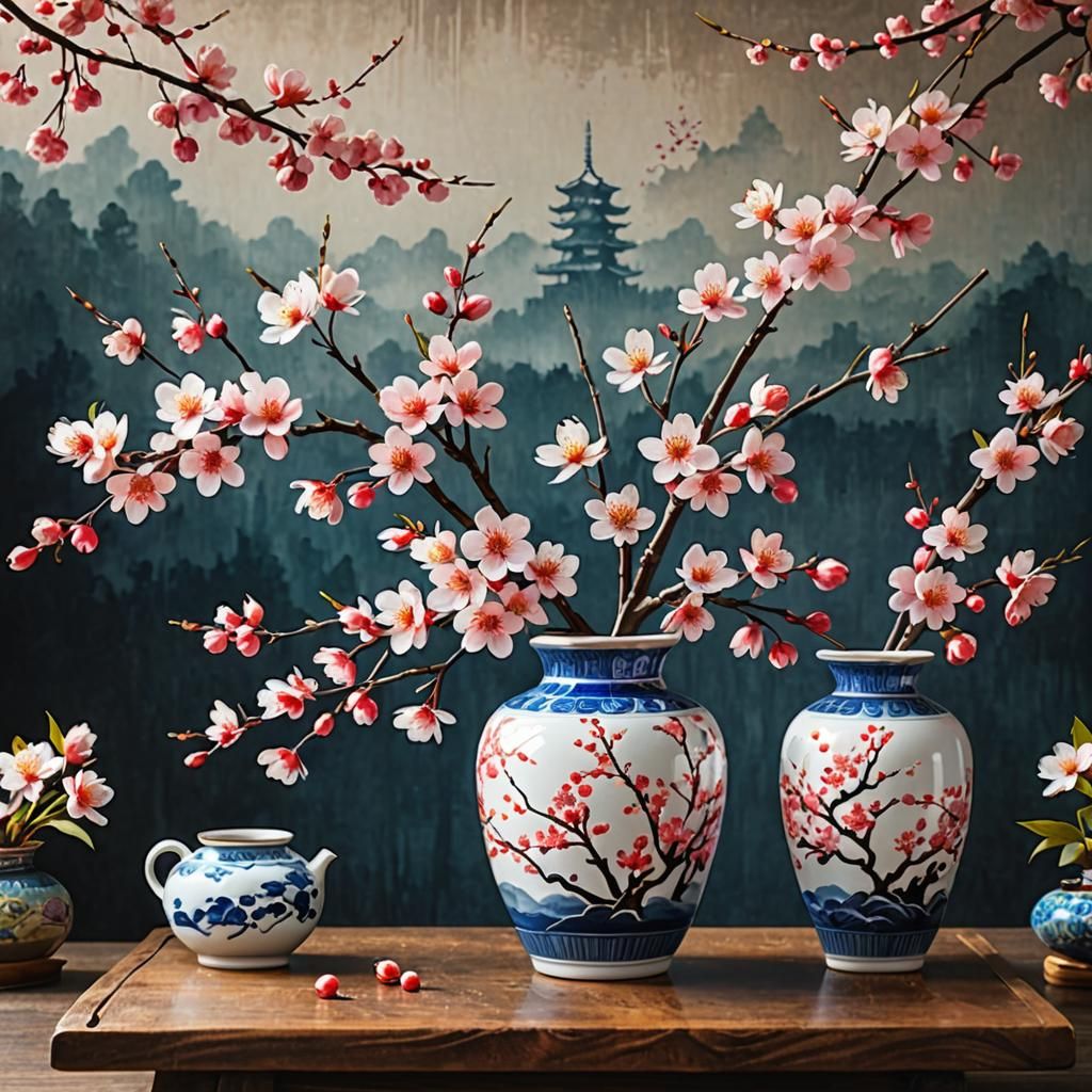 Cherry Blossom Flowers in Vase Illustration
