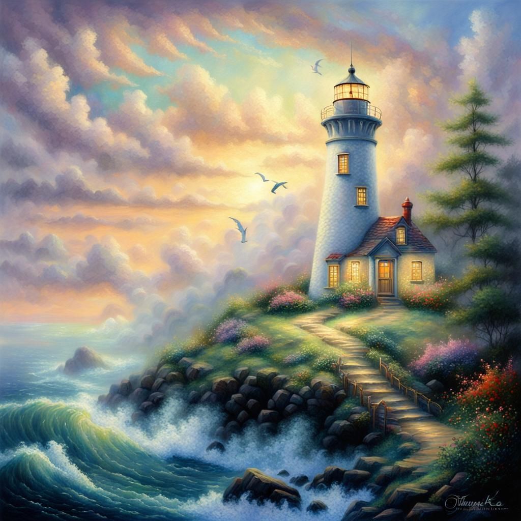 Ethereal Lighthouse in Fantasy Landscape, Luminism Style
