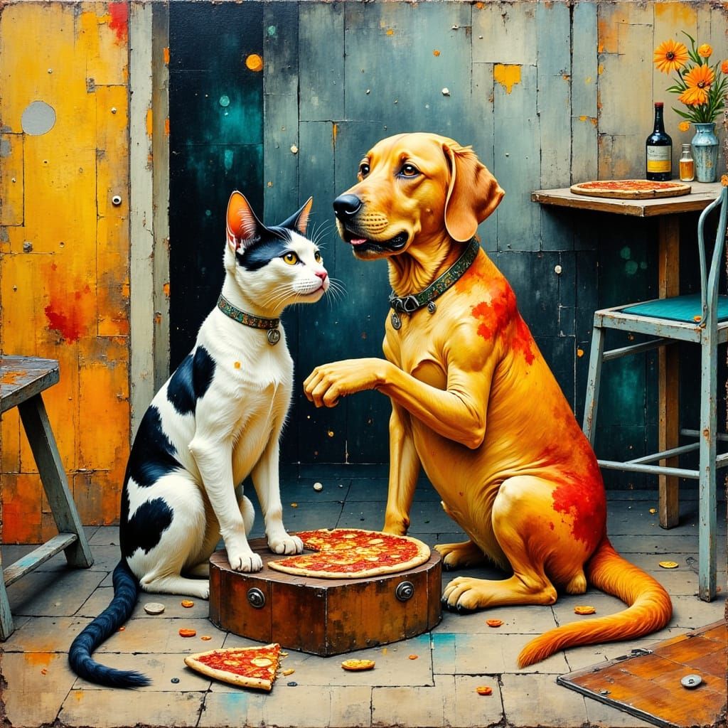 Whimsical Cat and Dog Share Pizza in Abstract Style