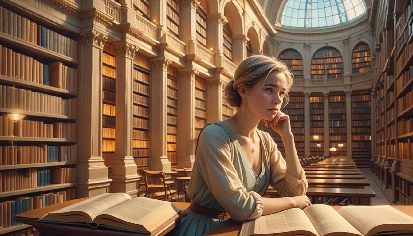 Woman in Library: Digital Concept Art
