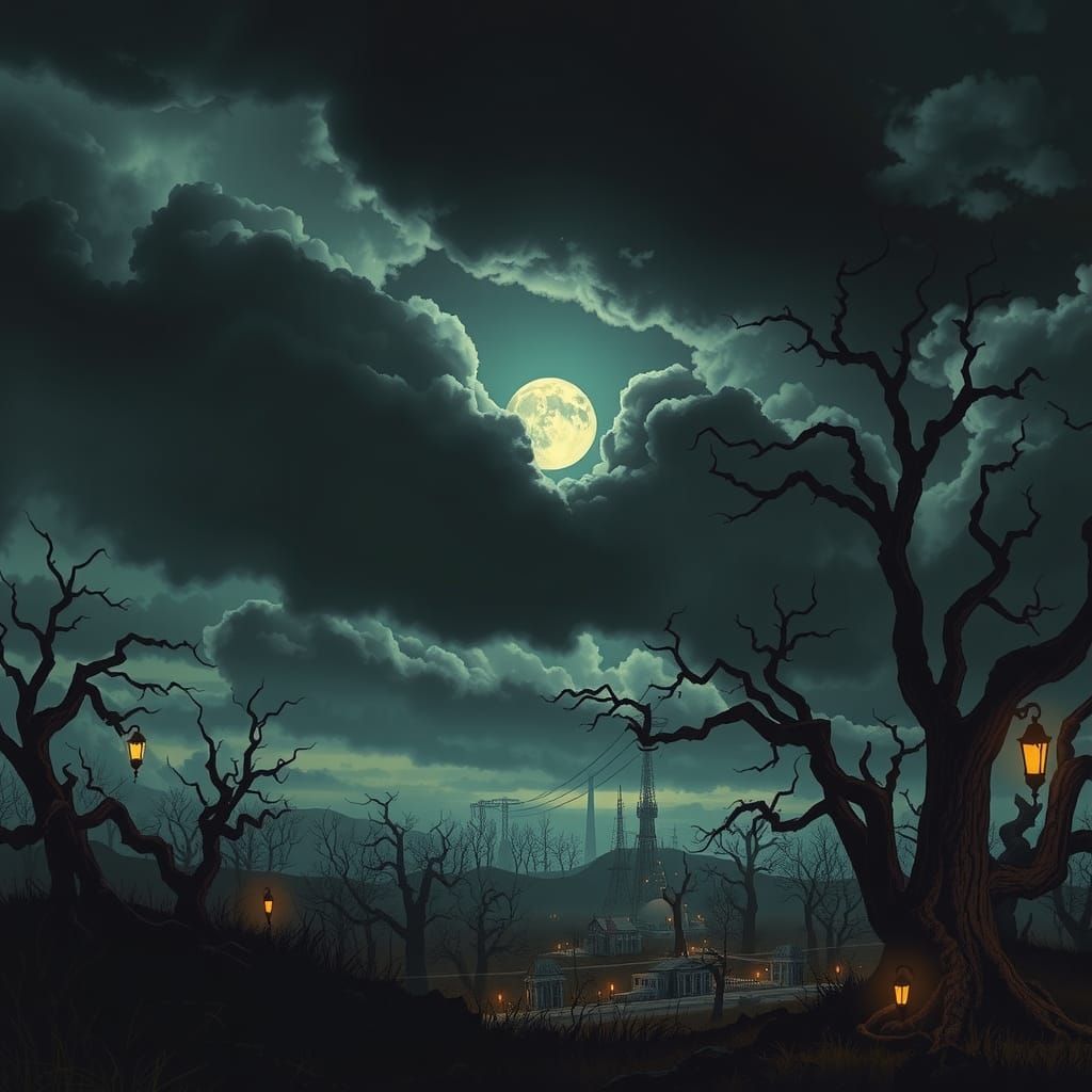 Ominous Moonlit Village with Twisted Trees in Noir Style
