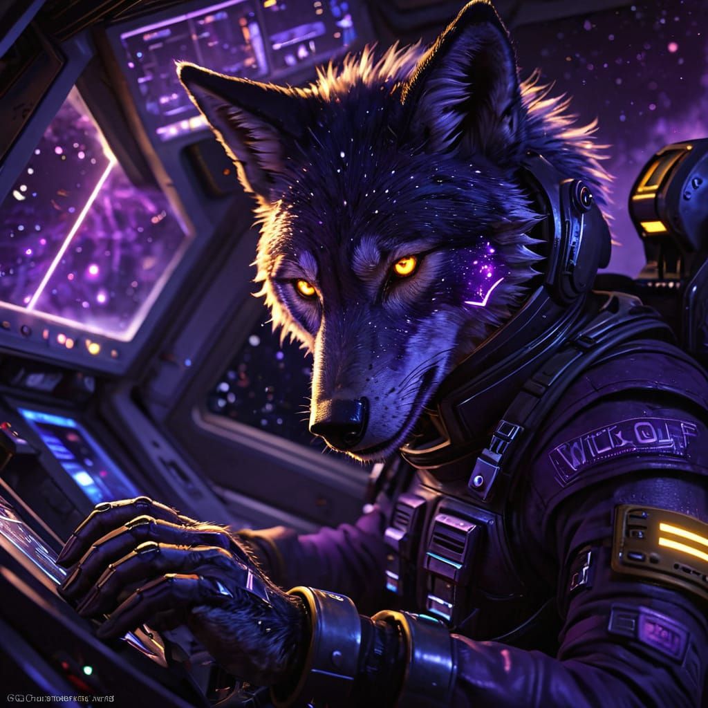 Anthropomorphic Wolf Pilot in Cosmic Expanse