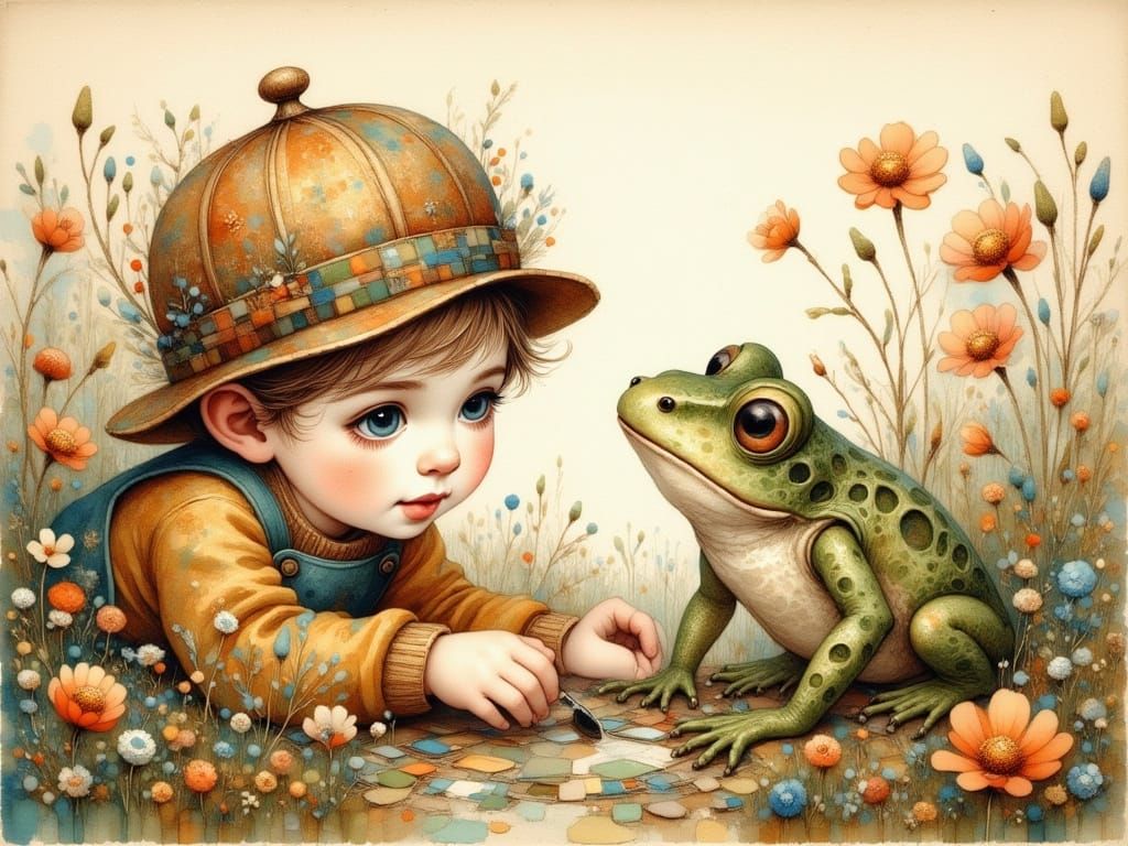 Whimsical Boy Converses with a Frog in a Lush Green Meadow