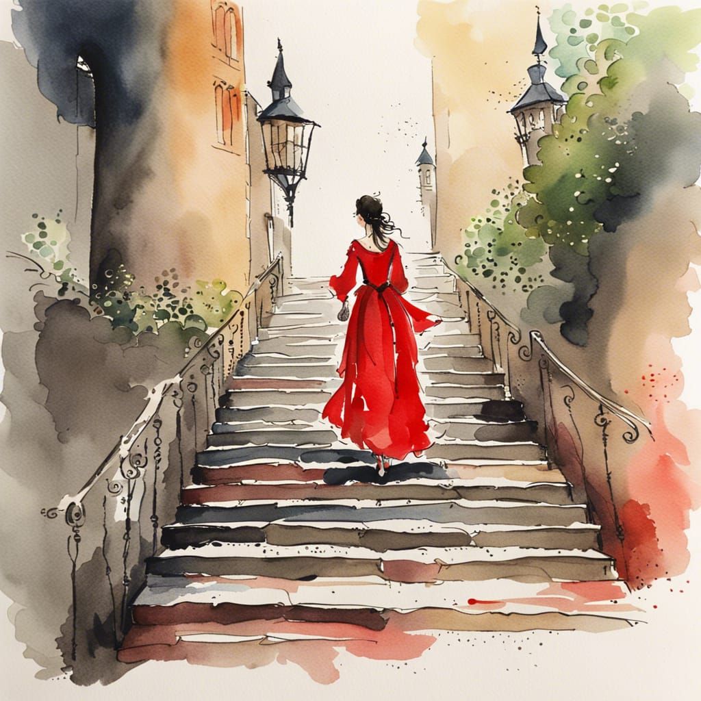 Medieval Woman Descending Stairs in Watercolor