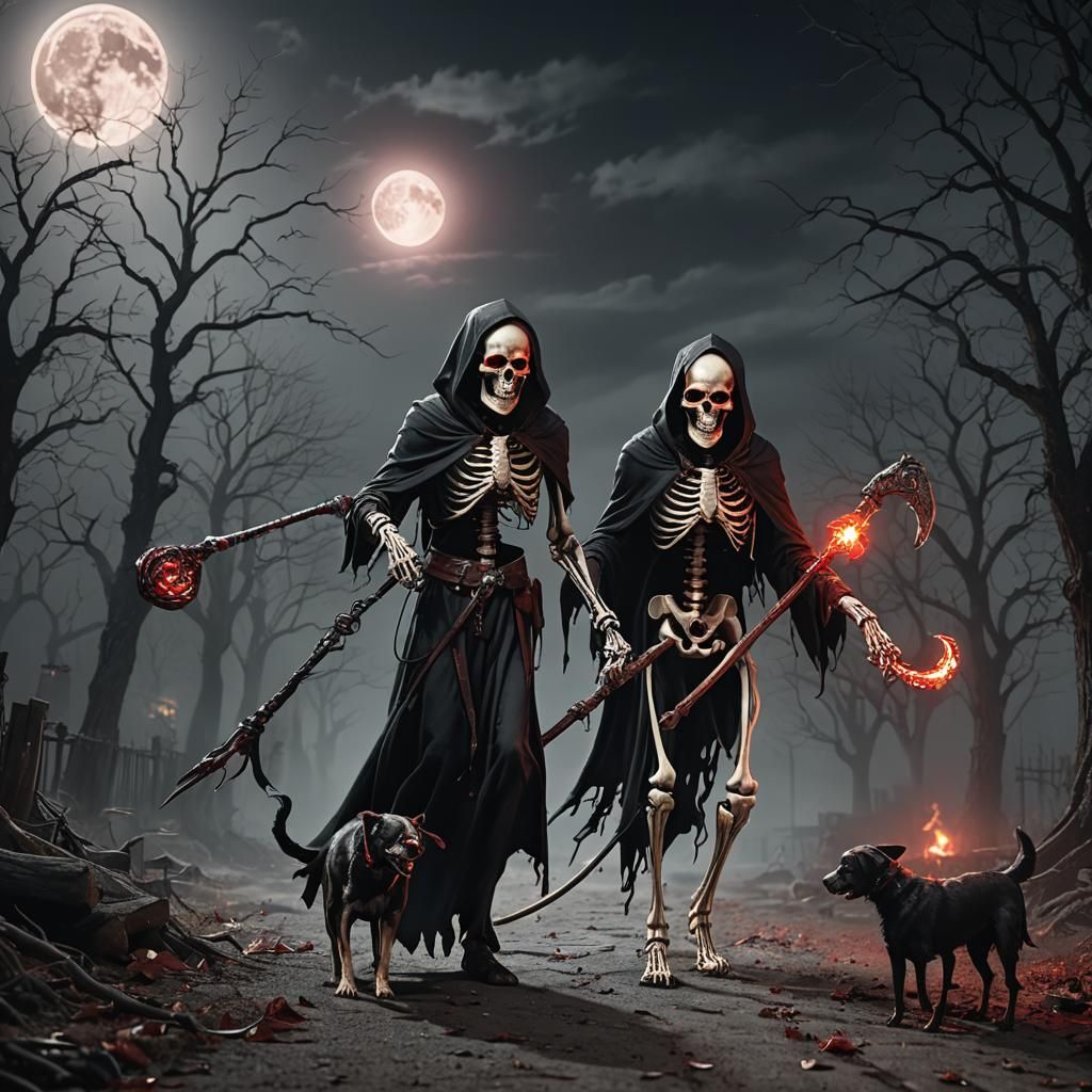 Skeleton Death Walks Two-Headed Dog: Horror Concept Art