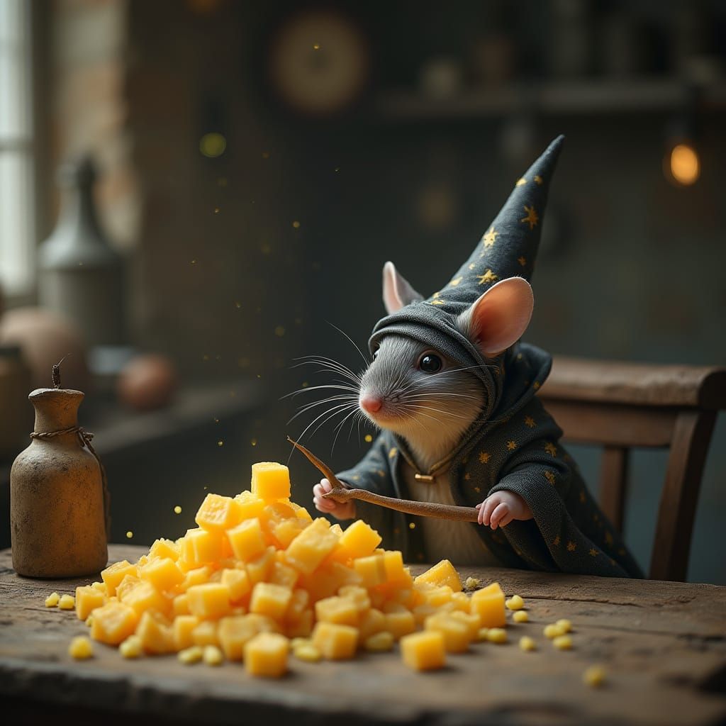 Enchanted Mouse Wizard Conjuring Cheese