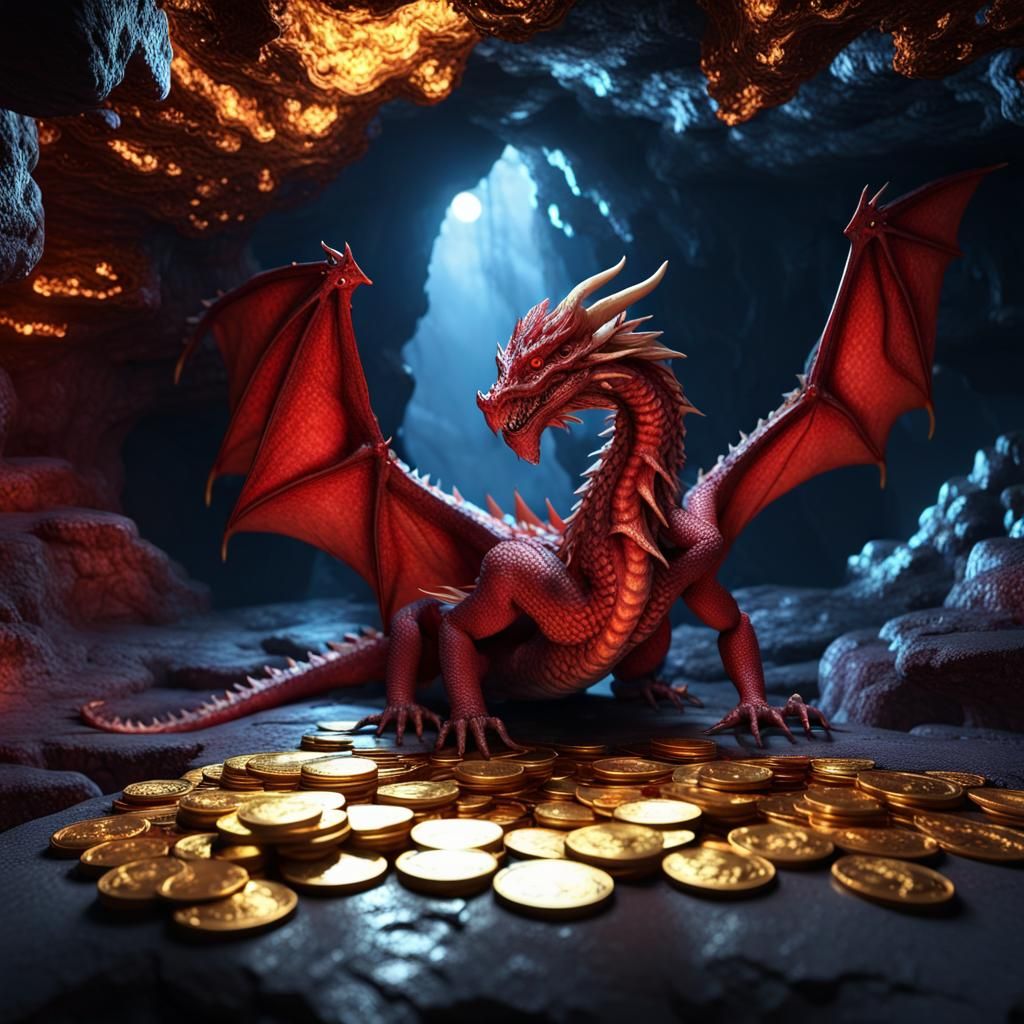 Red Dragon in Cave with Gold Coins, 3D Render