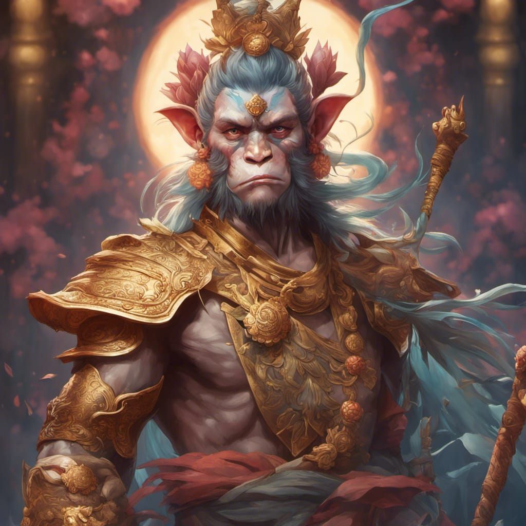 Monkey King Portrait with Lotus Flower