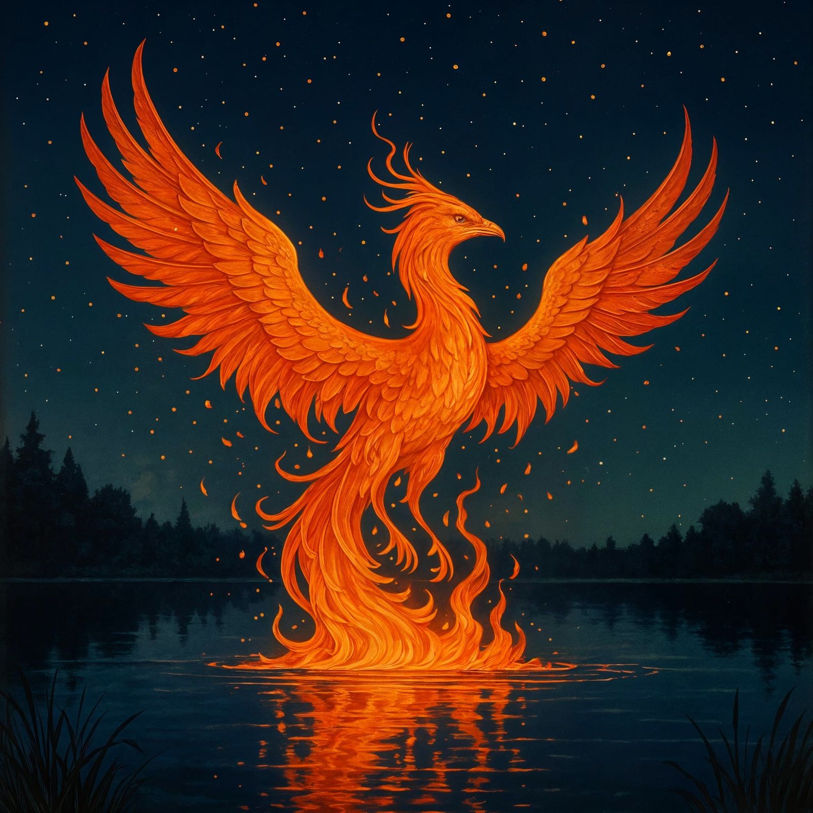 Ethereal Phoenix Rises from Nighttime Lake