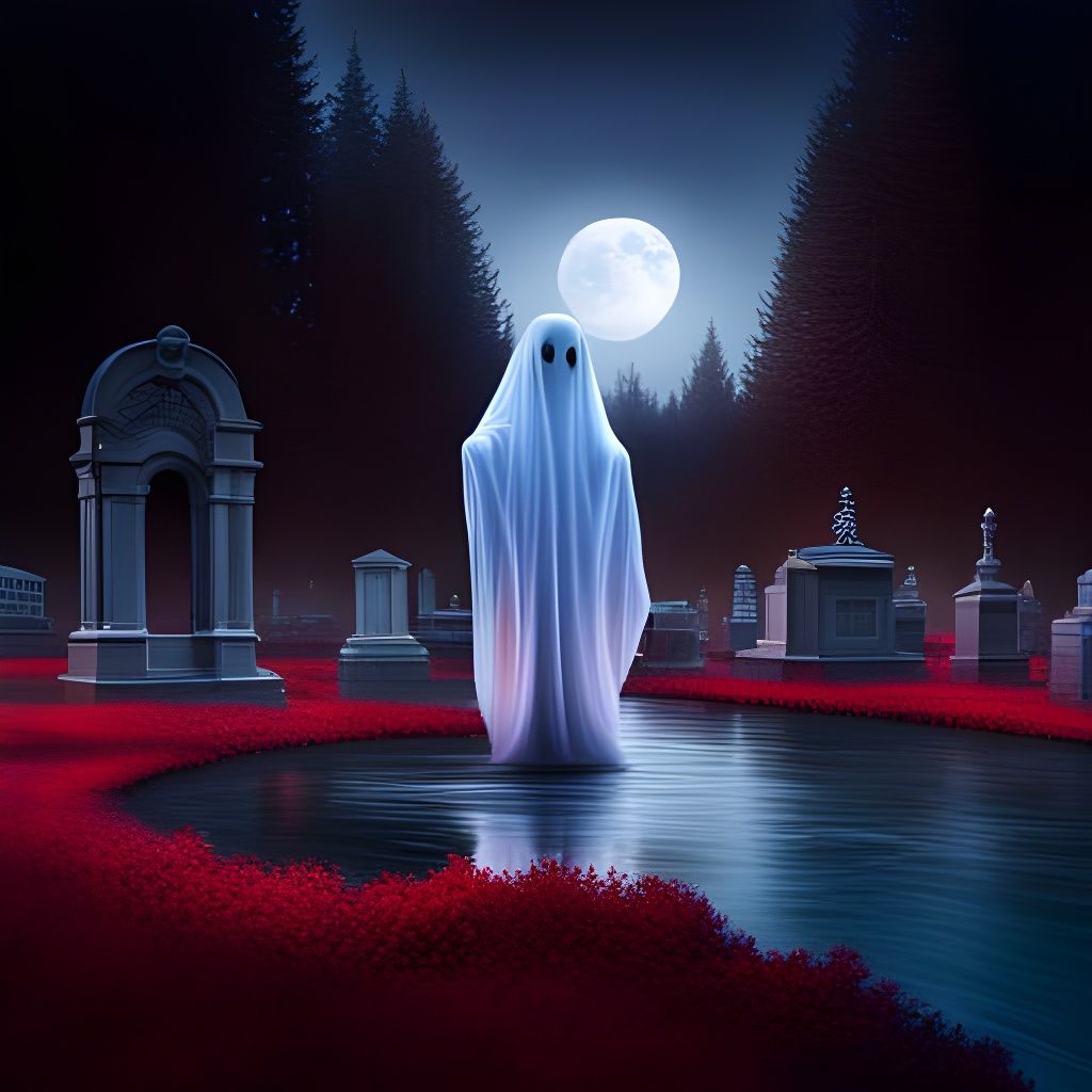 Ethereal Ghost Floats Beside Grave in Cemetery