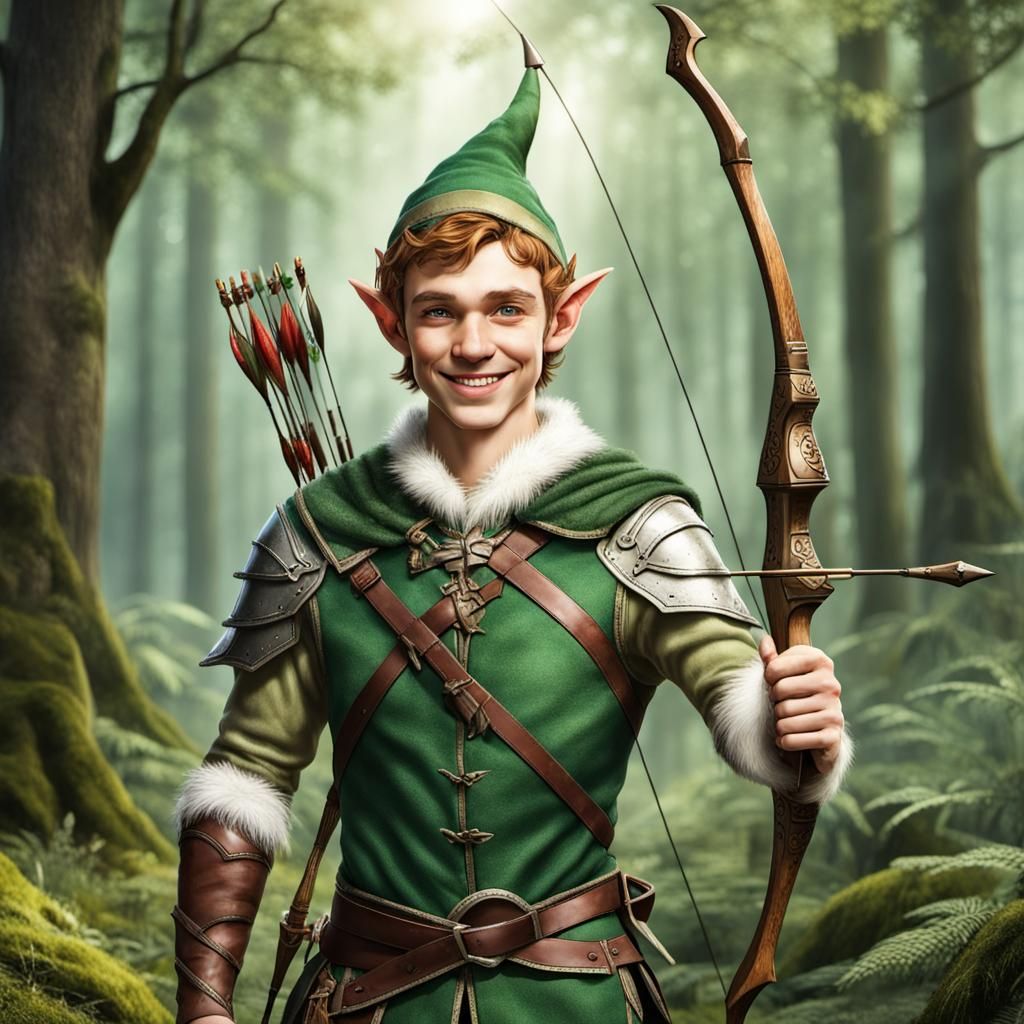 Smiling Elf Archer in Forest Scene