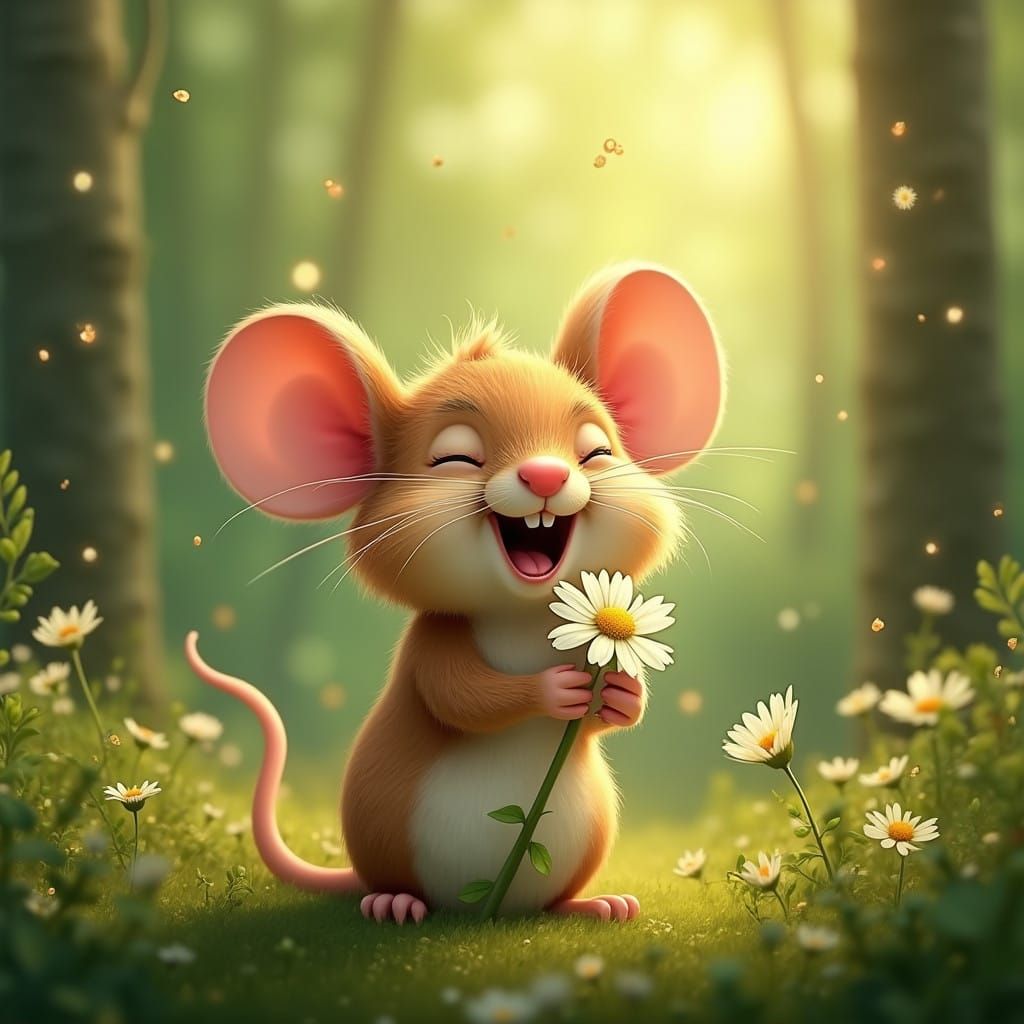 Really happy mouse sniffing a daisy. Giant smile closed eyes...