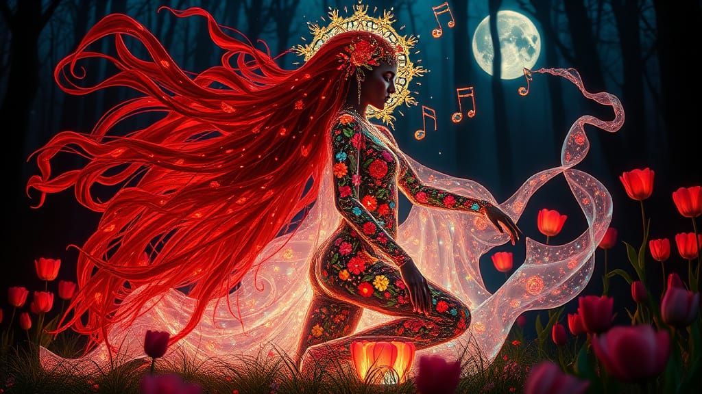 Man in Red and Tulips: Dreamlike Bioluminescent Fantasy