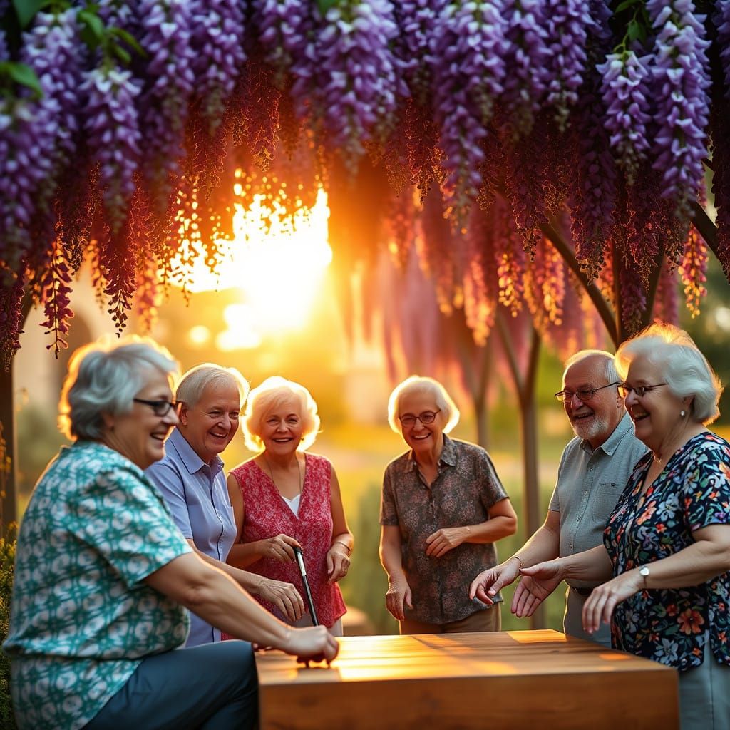 Vibrant Elderly Friends Gather Under Wisteria Arbor