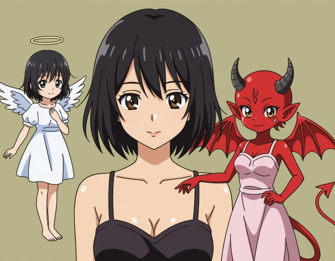 Anime Woman with Angel and Demon Companions