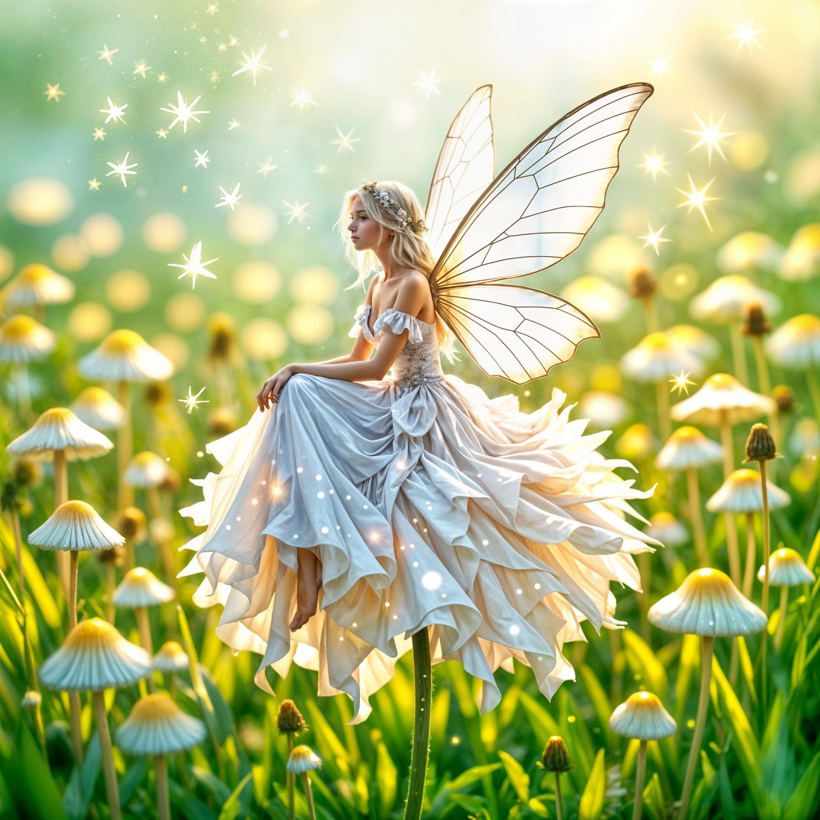 Whimsical Fairy on Dandelion with Glowing Mushrooms