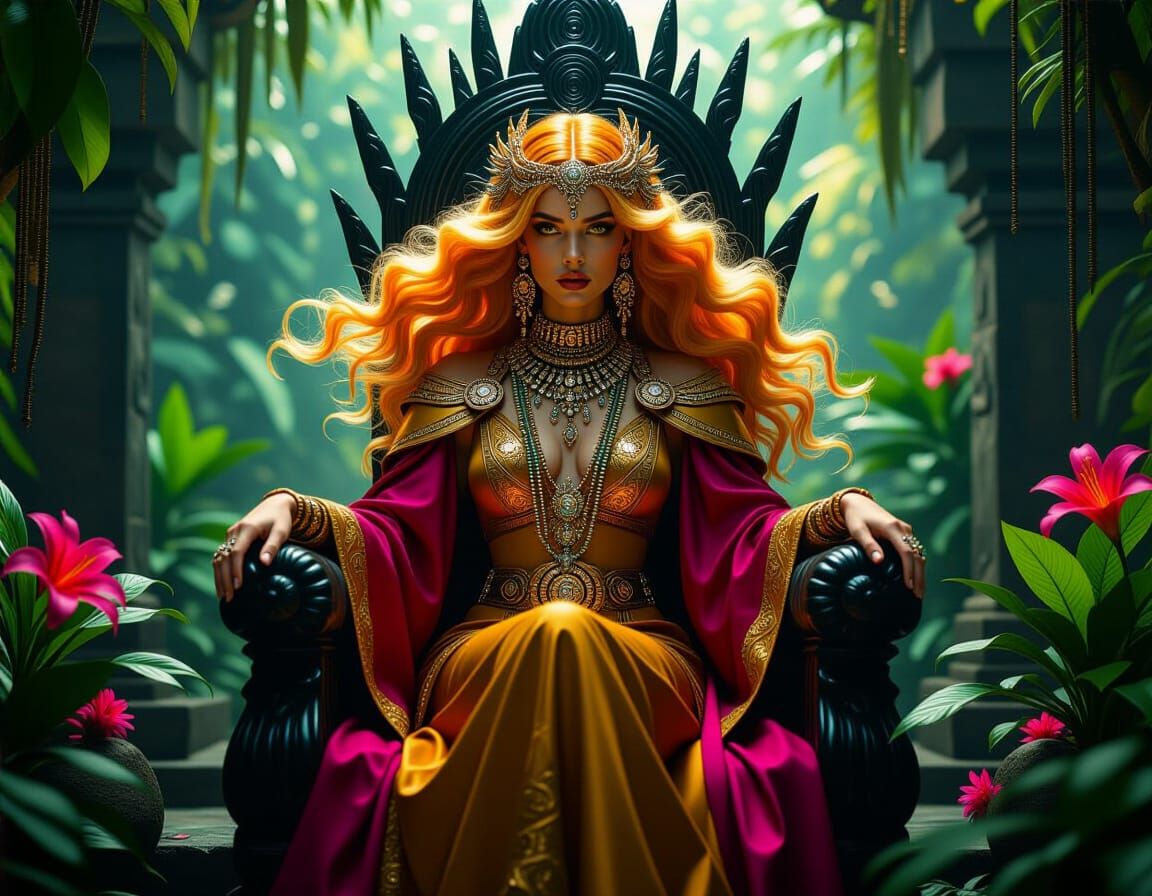 Dystopian Queen in Jungle Temple: Photorealistic Art