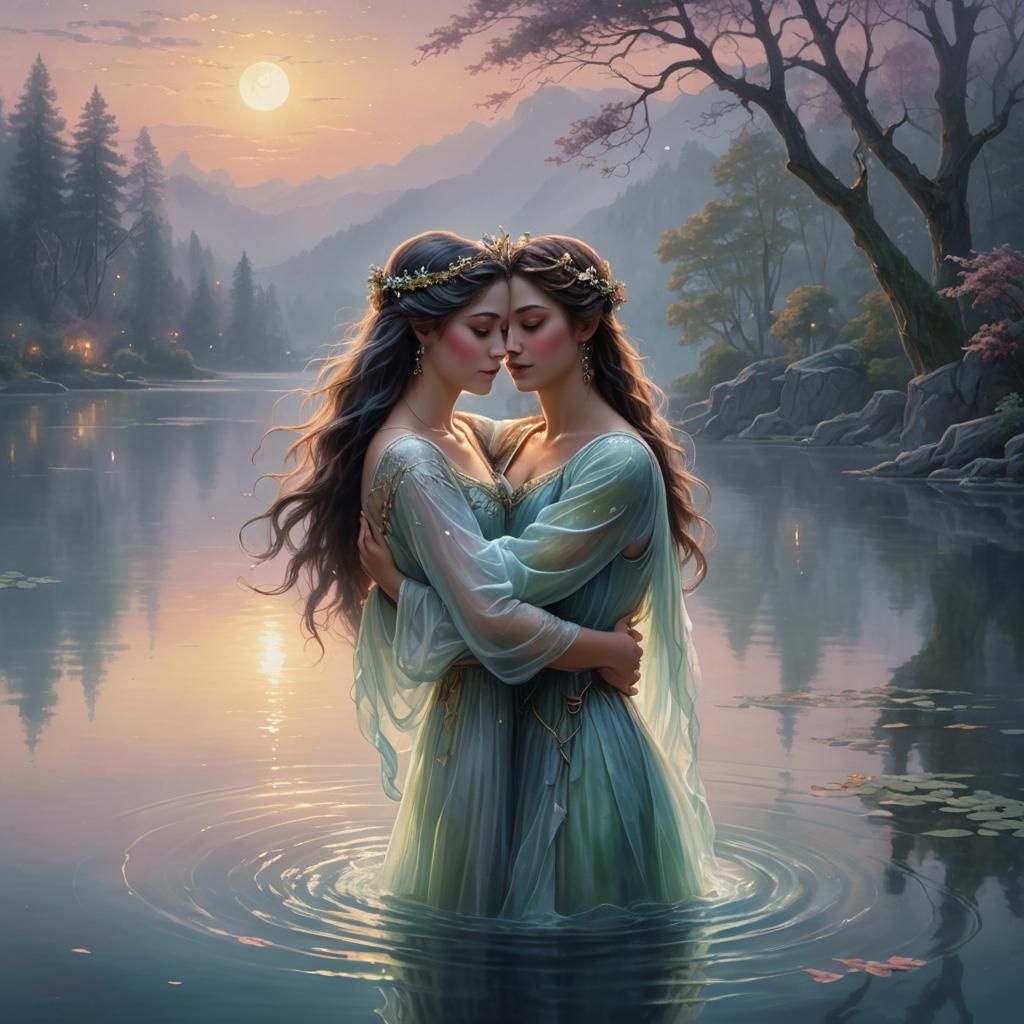 Goddess and Demon Embrace in Moonlit Fantasy
