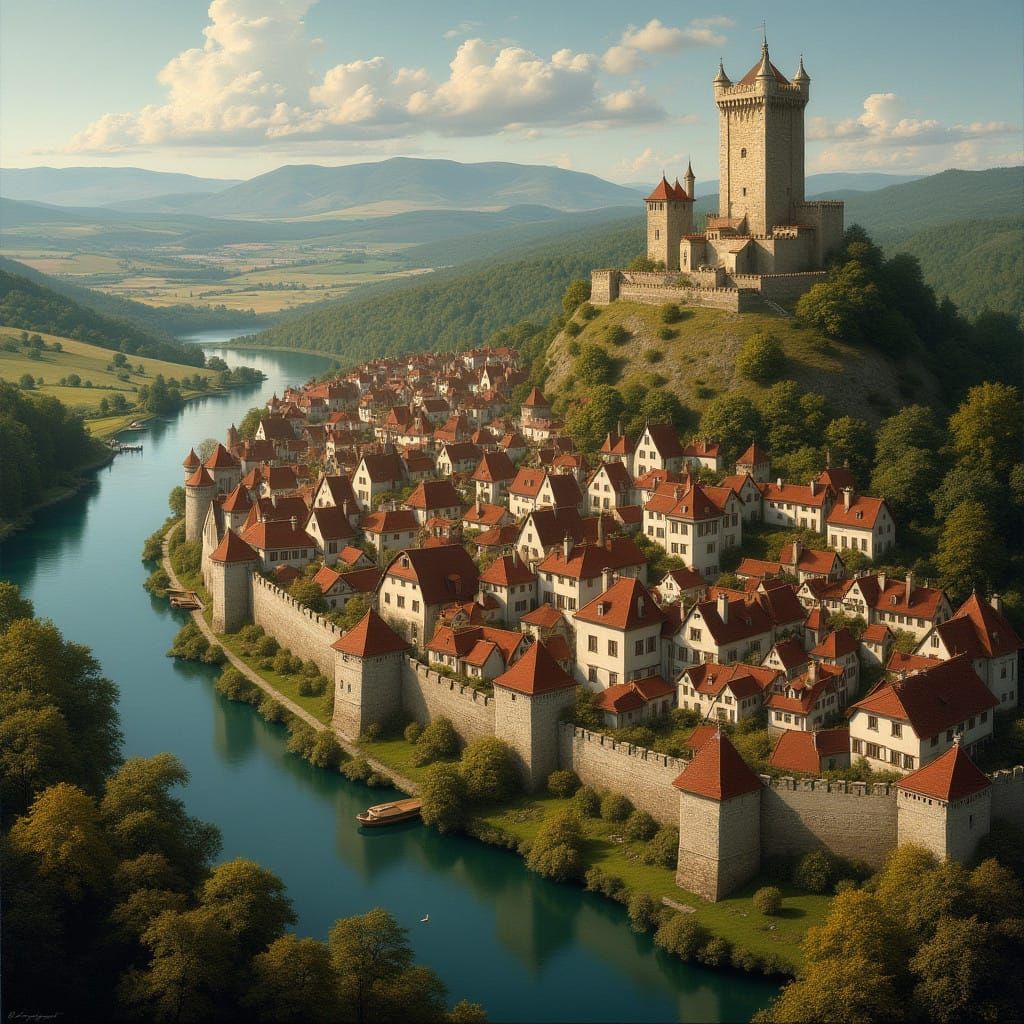 Medieval Town Basks in Serene Renaissance-Era Landscape