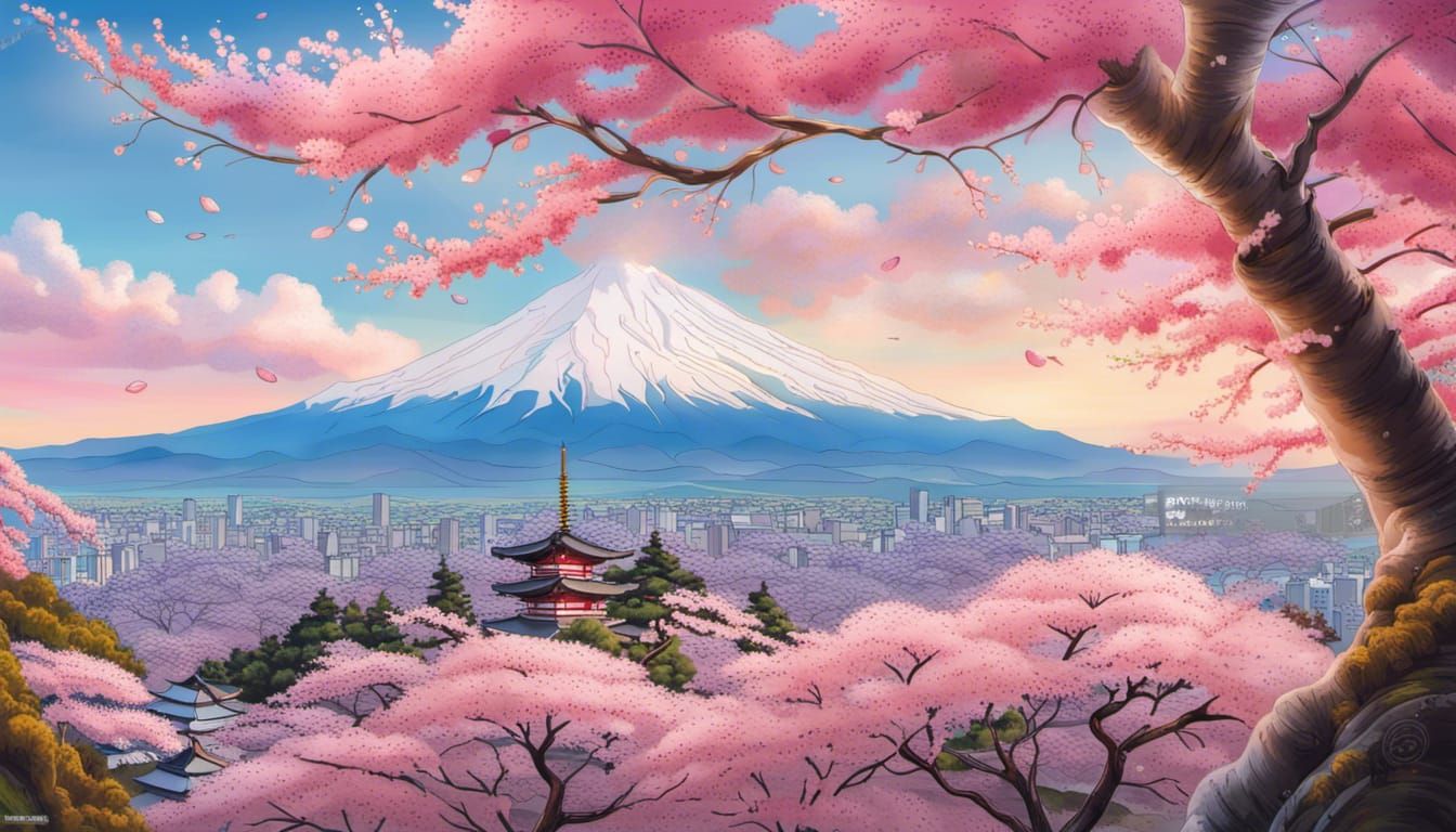 Cherry Blossoms at Chureito Pagoda: Hyperrealistic Concept A...