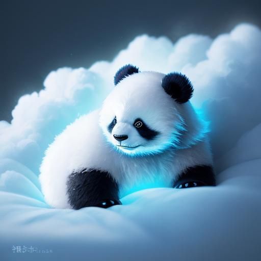 Charming Fluffy Blue Panda Sleeping on Cloud
