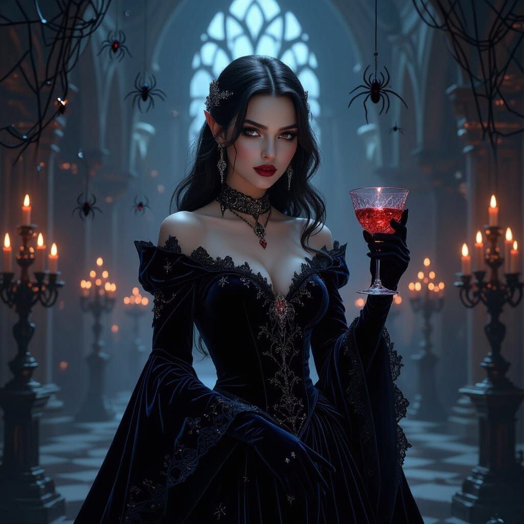 Drow Noblewoman in Gothic Ballroom, Dark Fantasy