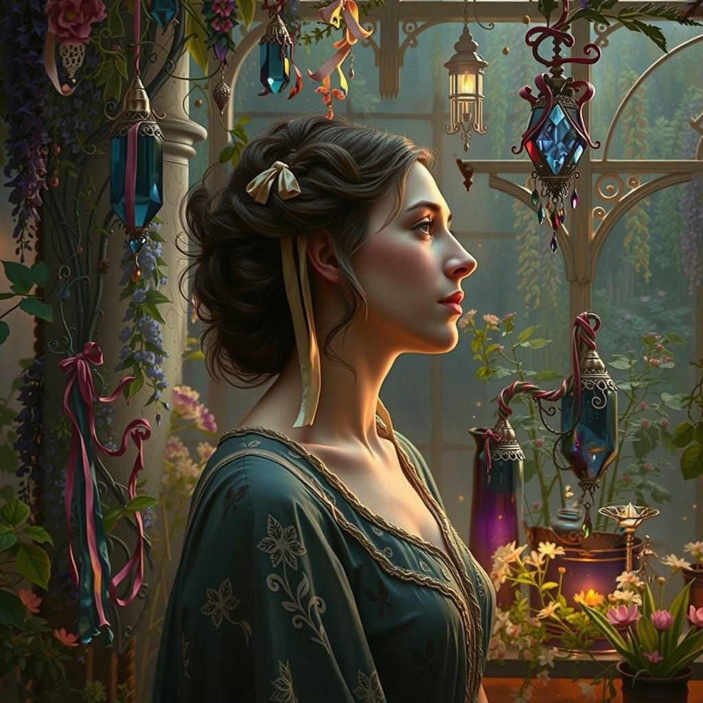 Ethereal Portuguese Woman in Overgrown Greenhouse, Post-Impr...